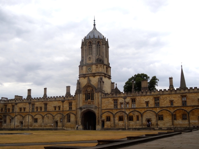 View of Tom Tower, across the usually green lawns of Christ Church College Oxford - 18 July 2018